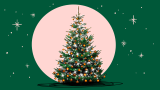 An illustration shows a Christmas tree on top of a pink full moon on top of a green sky with pink stars