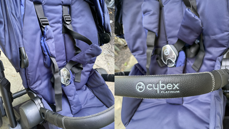On the left: a close-up image of a Cybex stroller seat. On the right: A close-up image of a Cybex stroller handle