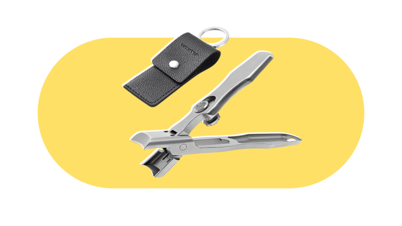 The Vogarb nail clippers on a yellow and white background