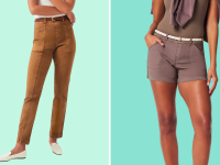 Two images of Spanx pants. The first is a pair of camel-colored, tapered twill pants, the second is a pair of rosy, near-gray shorts in twill.