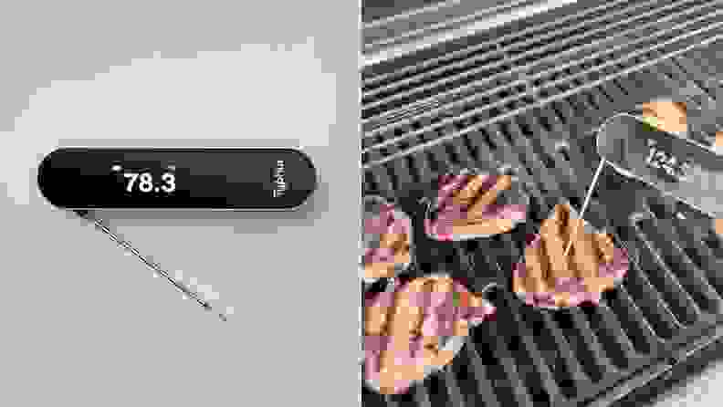 Left: image of the digital meat thermometer on gray background. Right: person inserting meat thermometer into steak on a grill.