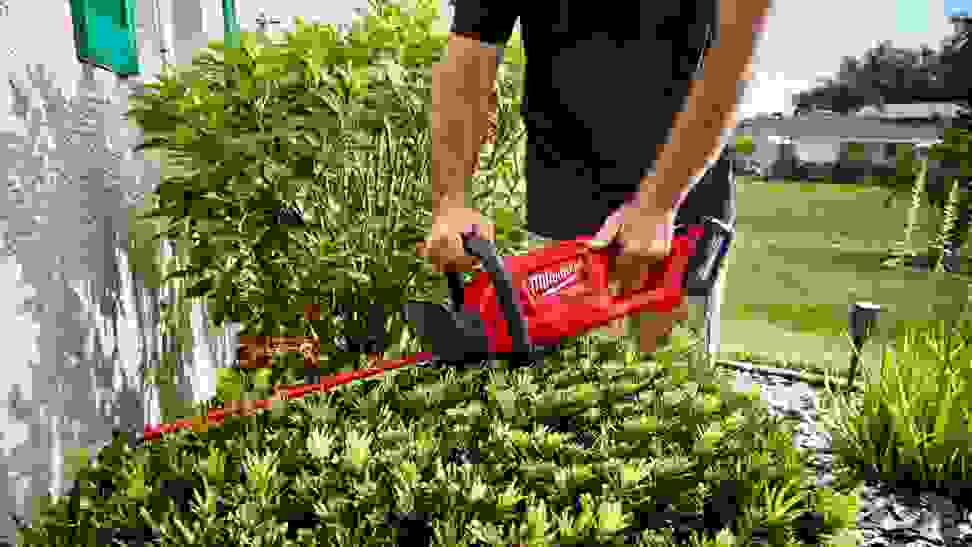 A red Milwaukee Tool hedge trimmer is being put to good use outdoors.