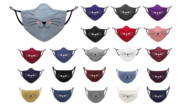 An image of a gray cat face face mask alongside the same mask in many other colors.