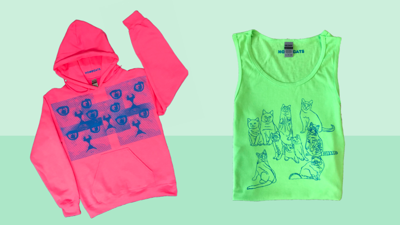 A pink hoodie and green tank top with cats on them