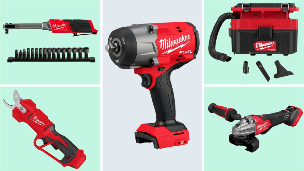 A collage of new Milwaukee tools (2023). The arrangement includes the insider ratchet, hedge trimmer, impact wrench, packout vacuum, and angle grinder.