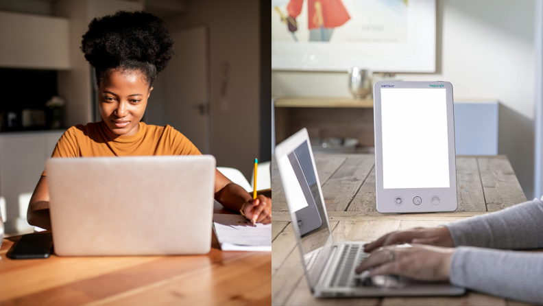 On left, person working on laptop in front of sunny window . On right, person working on laptop next to light therapy lamp.