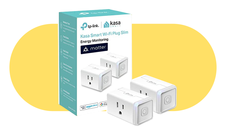 The Kasa Smart Wi-Fi Plug Slim with Energy Monitoring on a yellow background.