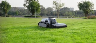 Small black and white robotic lawnmower sitting stationary in a field of grass