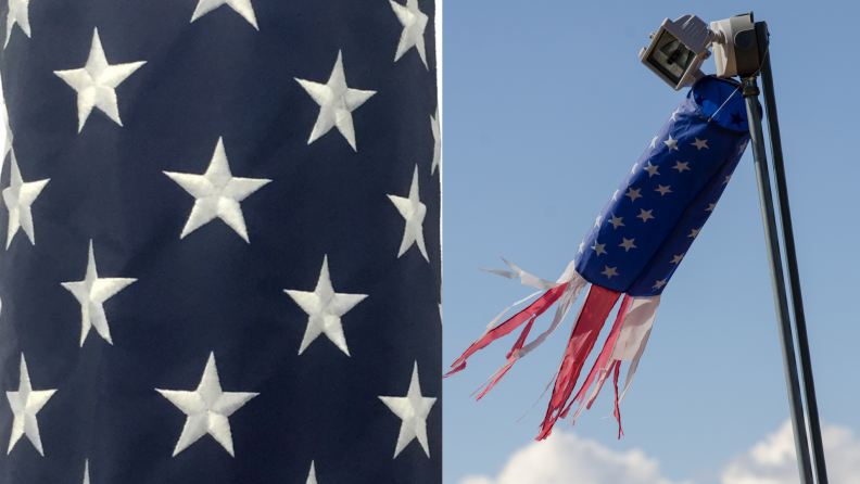 On left, close up of blue flag with white stars. On right, windsock flag flying on flag pole outdoors.