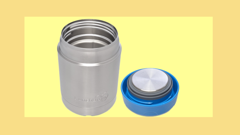 A Lunhbots stainless steel thermos on a yellow background.