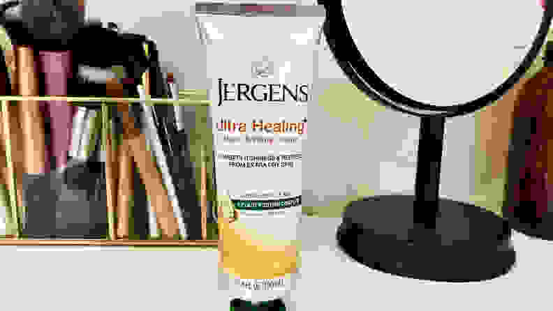 The Jergens Ultra Healing Hand & Body Cream on the author's vanity.
