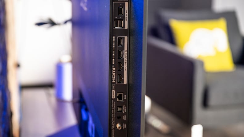 A close-up of the connectivity inputs on the back of the LG C2's panel