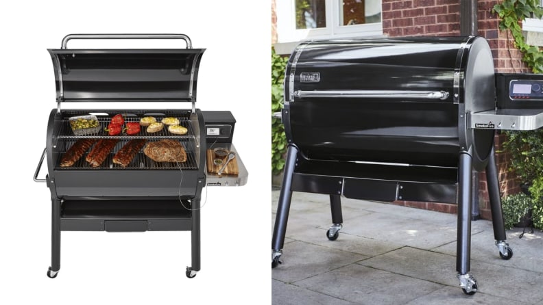 Side by side images of the second generation Weber EX6 pellet grill, with lid open and with lid close.