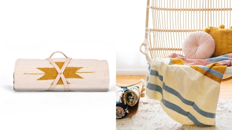 A rolled up carry-away blanket, and a blanket sitting on a swing.