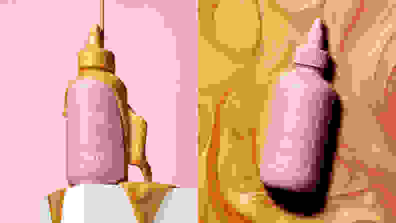 On the left: A pink Sunday Riley bottle with a tapered nozzle. On the right: The pink bottle lays in a gold liquid.