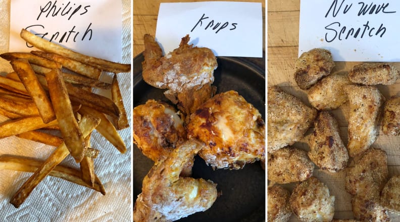 French fries, fried chicken and nuggets that have been cooked in different air fryers.
