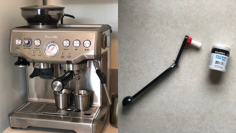 (left) a Breville espresso machine. (right) a head cleaning brush used to clean an espresso machine.