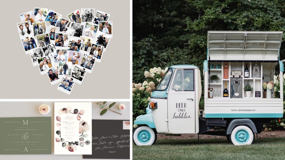 Minted photo board and invitations, mobile bar