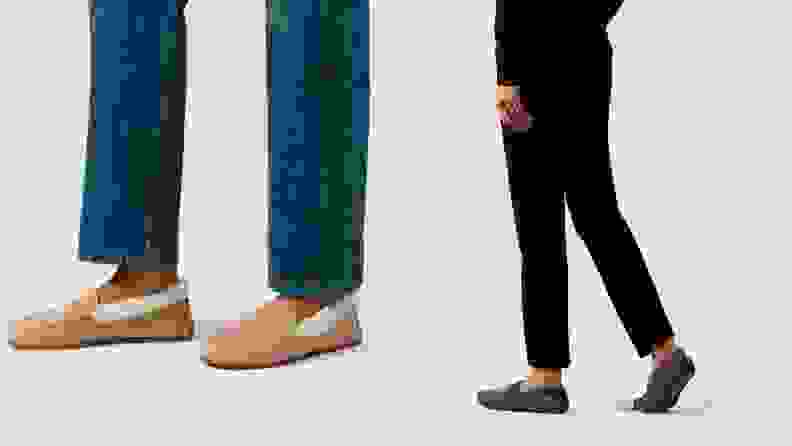 Woman standing in Rothy's slippers, man taking a step in a pair of Rothy's driving loafers.