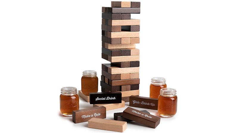 Polished Wood Stacking Game with Shot Glasses