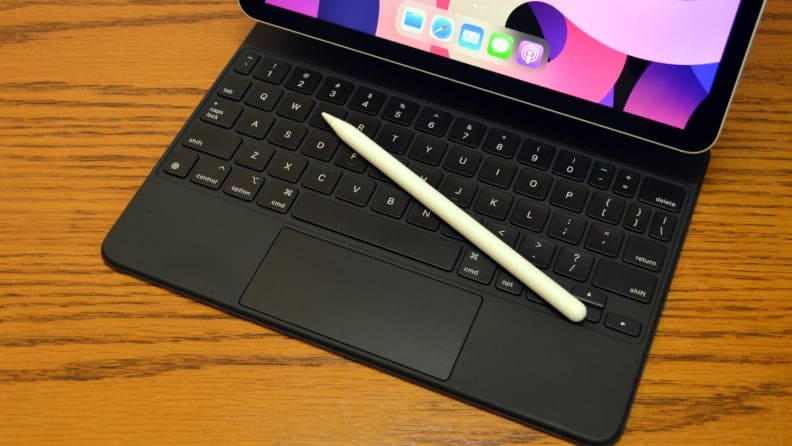 The Apple iPad Air (2020) with removable keyboard viewed from above.