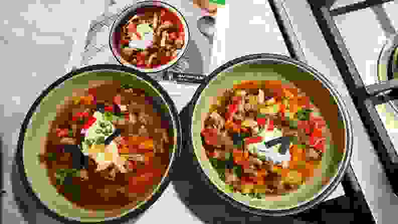 Two bowls of Buffalo-style Turkey Chili.