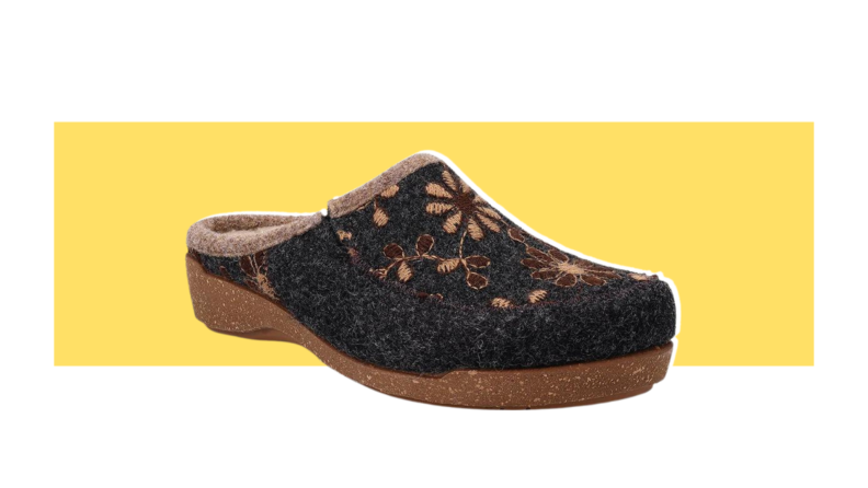 Felted clogs with floral embroidery.