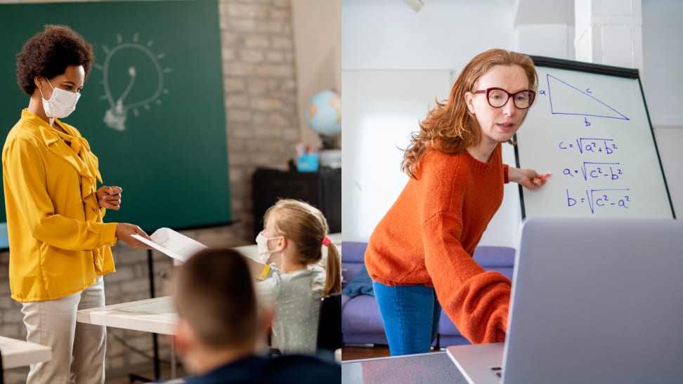 Teachers teaching in class and online