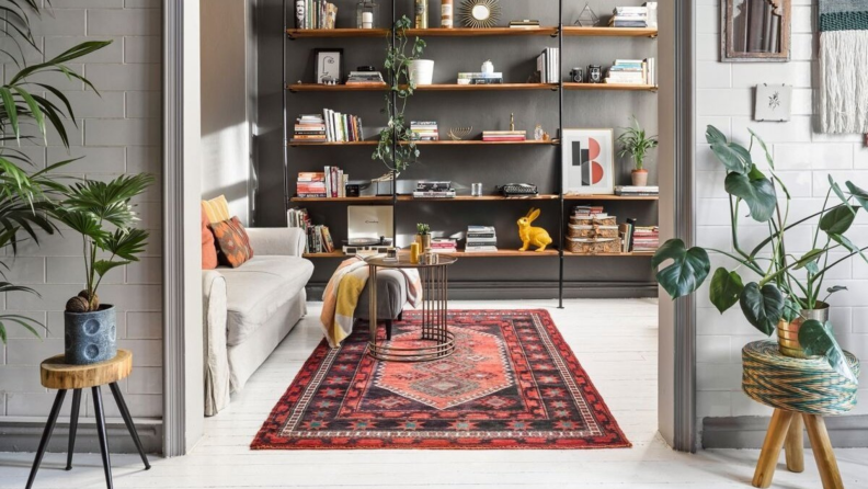 Modern living room with multicolored vintage area rug.