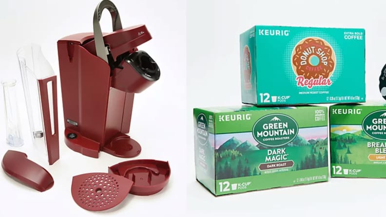 Red Keurig machine next to K-cup packers
