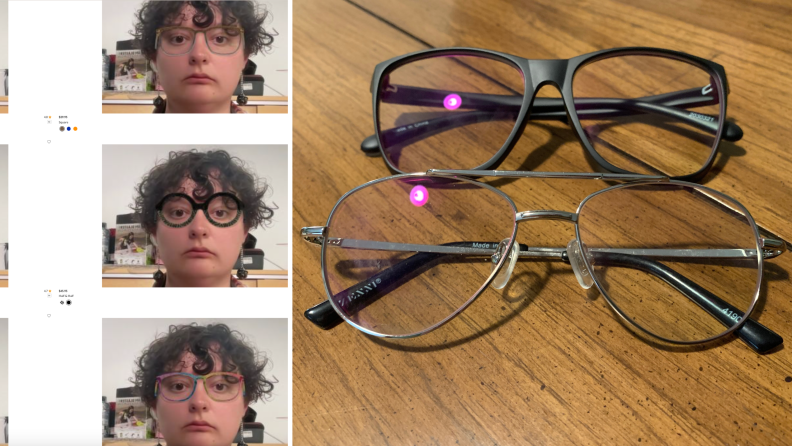 A person testing multiple pairs of glasses on Zenni’s website, and two pairs of glasses.