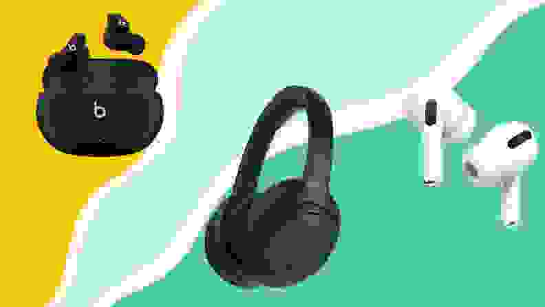 Headphones on a green and yellow background