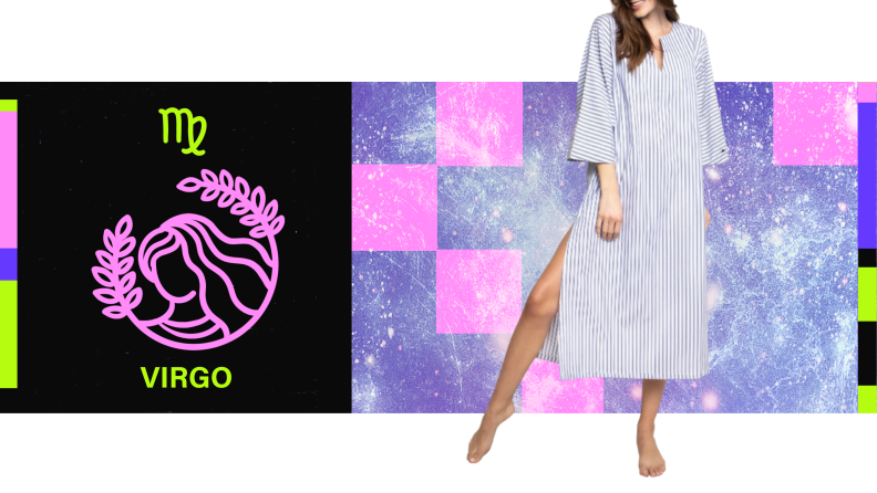 On the left is the symbol for Virgo, and on the right is a model wearing a striped kaftan with a high leg slit.