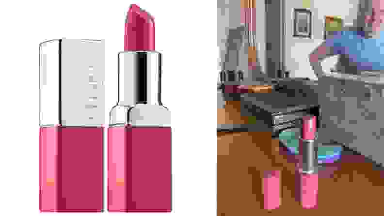 On the left: A tube of pink Clinique lipstick. On the right: A used pink tube of lipstick sits on a table.
