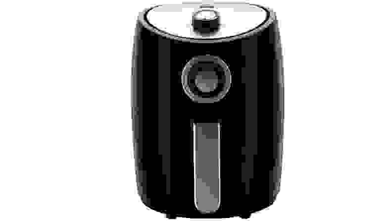 Black air fryer against a white background
