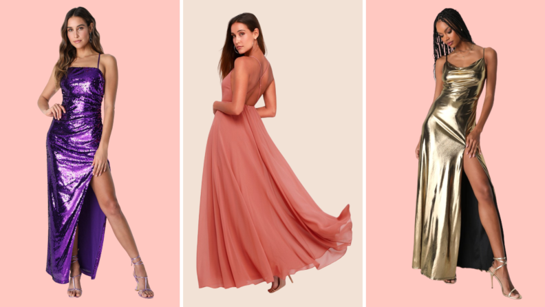 A metallic form fitting dress with a leg slit, a blush colored gown, and a gold maxi dress.