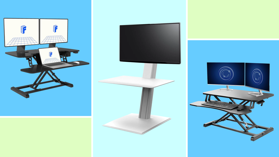 Three standing desk converters on a colorful grid background.