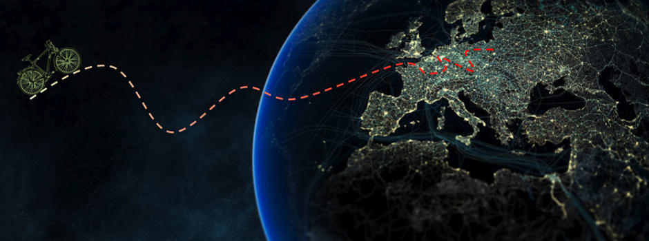 A map of Europe with a bicycle trail from Paris to Poland.