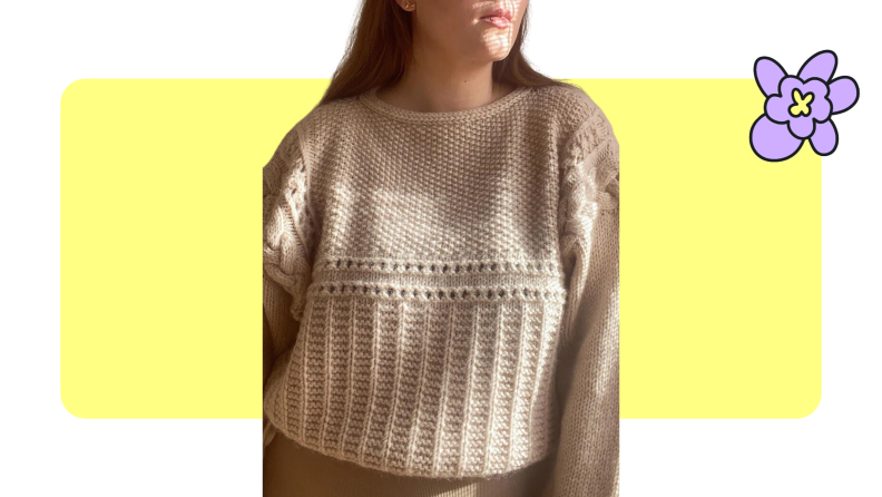 woman wearing a sweater form Elm Sweater We Are Knitters Kit