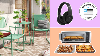 A photo of a green patio furniture set next two pictures of Beats headphones and a Ninja air fryer on purple and orange backgrounds.