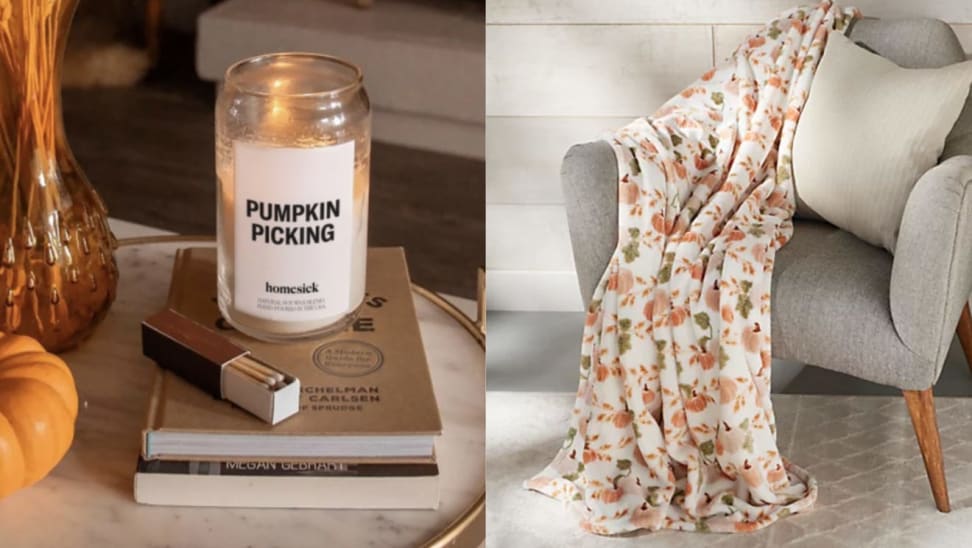 Left: a pumpkin candle sitting on two books next to a matchbook, a mini pumpkin, and a vase on a marble dish; Right: pumpkin decorative throw pillow draped on a chair