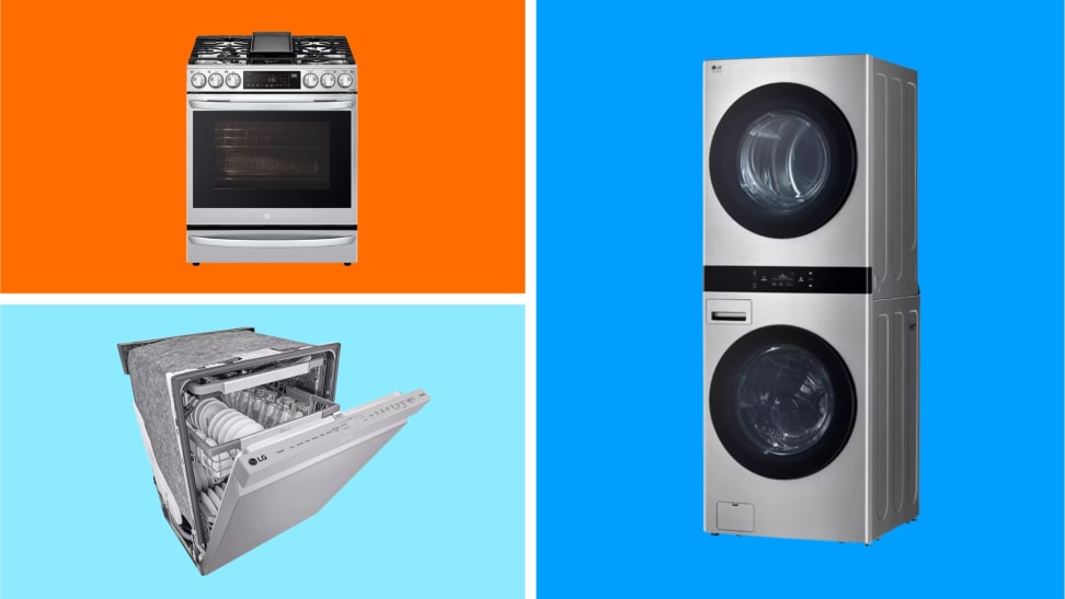 Collage image of a stainless steel stove, dishwasher, and stacked laundry unit.