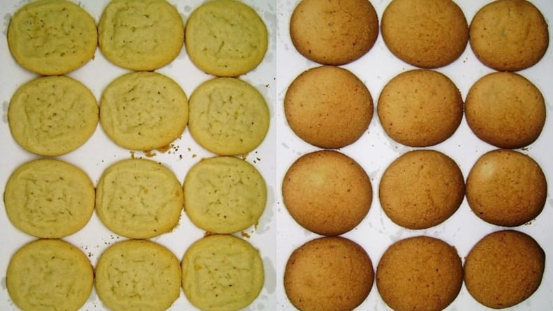 Side by side images featuring two trays of cookies, the left of which is very pale in color and the right of which is brown and over-baked.