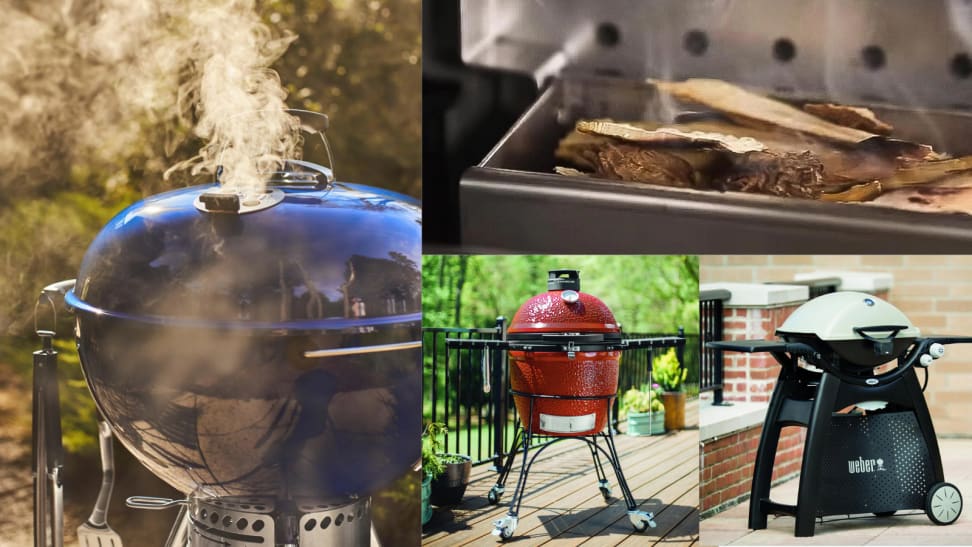 Several images of grills, including a close up of a blue grill emitting smoke.