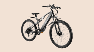 Angled view of the SWFT ebike mountain bike showing its left side.