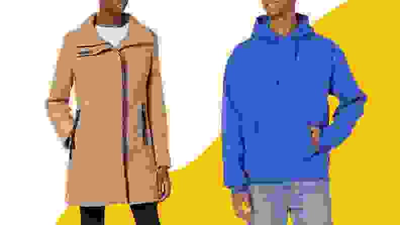 Beige coat and blue hoodie on yellow background