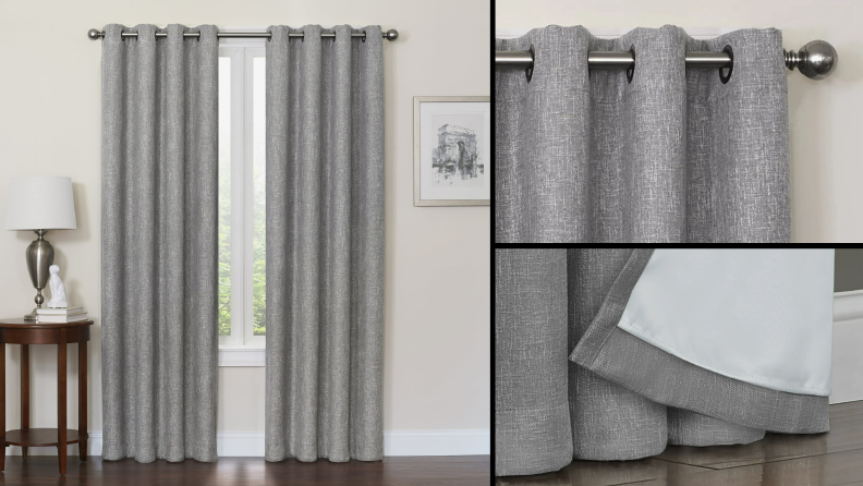 Quinn blackout curtains, with details of grommets at top and backing material, below.