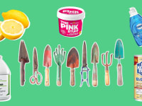 Nine rusty tools appear on a green background along with cleaning agents such as vinegar, lemons, and dish soap.