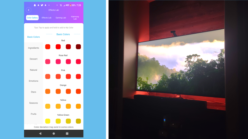 The Govee app and a shot of a TV with the backlight being used on.
