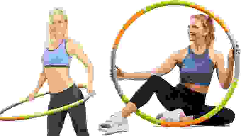 A woman using the weighted hula hoop and a woman posing with it.